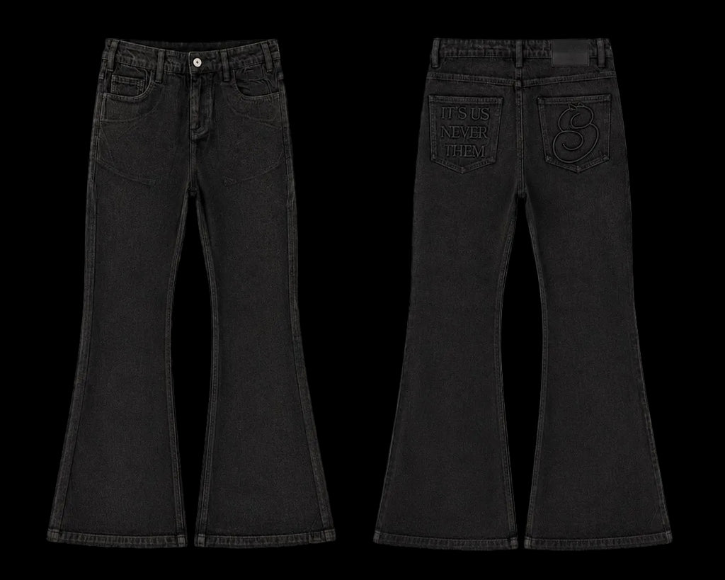 Black wax flared jeans shown from front and back on a white background