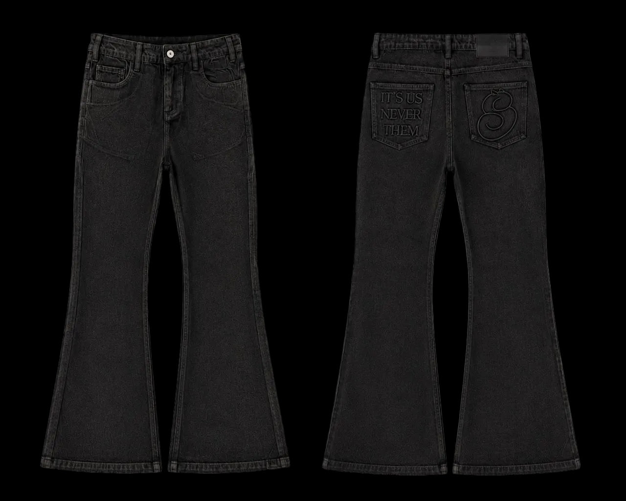 Black wax flared jeans shown from front and back on a white background