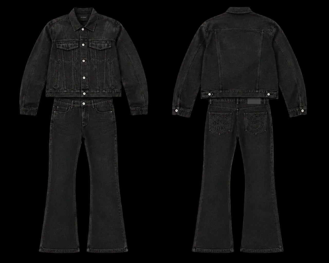 Black denim jacket and jeans set shown from front and back on a white background