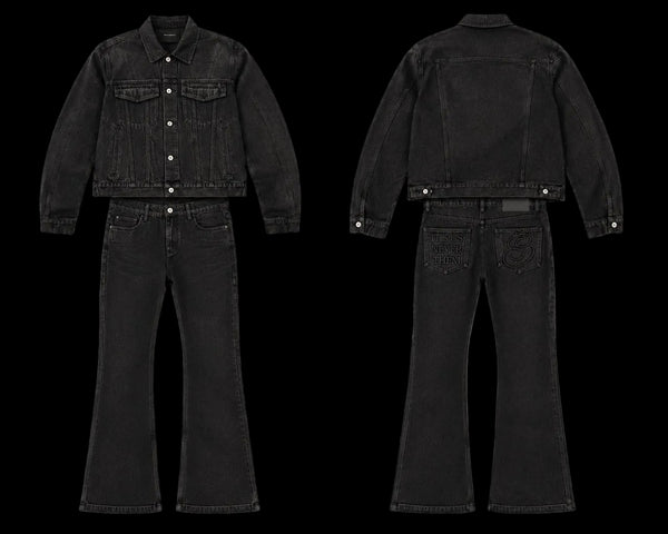 Black denim jacket and jeans set shown from front and back on a white background