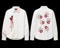 White shirt with red bloodstains on front and back, resembling a Halloween costume.