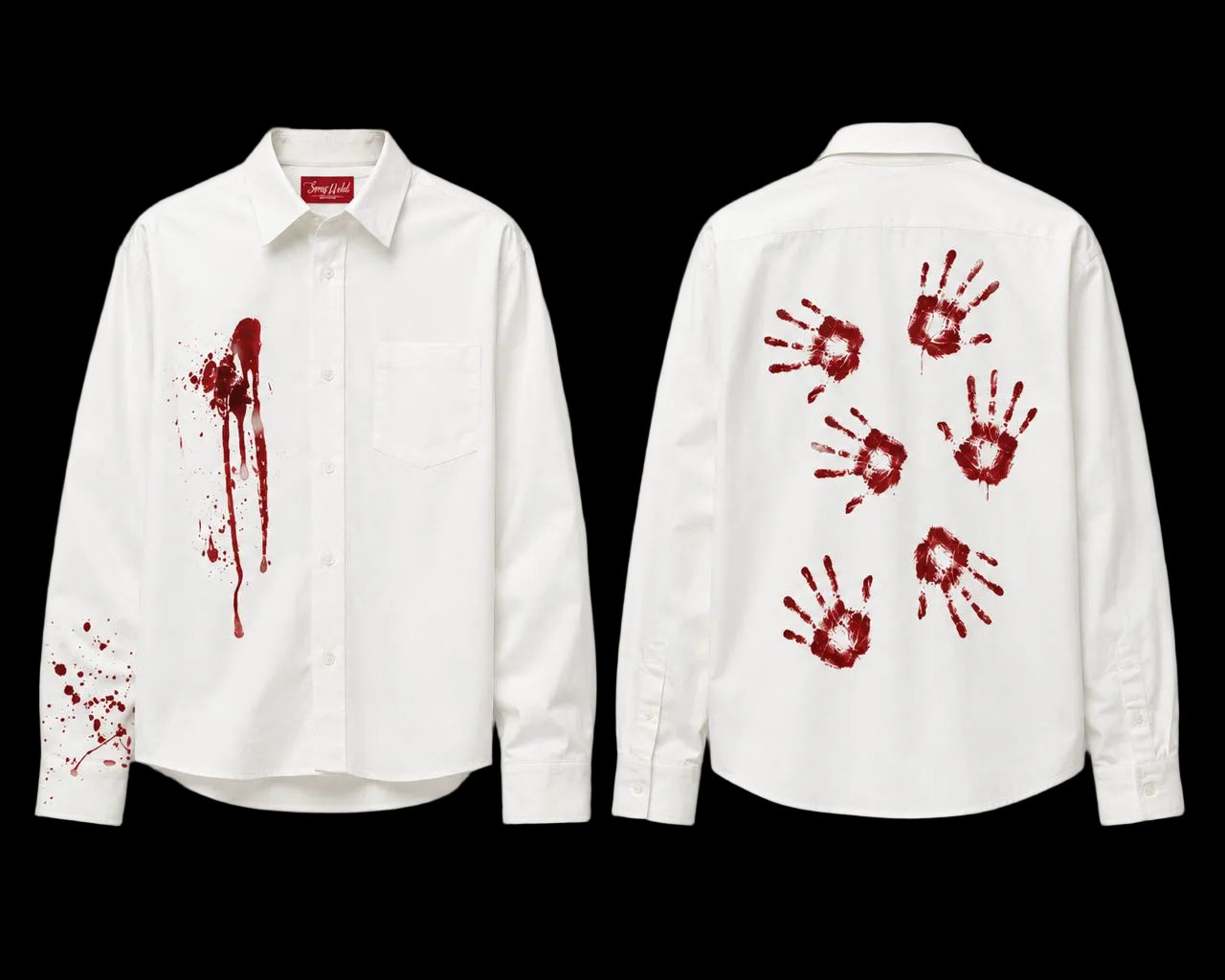 White shirt with red bloodstains on front and back, resembling a Halloween costume.