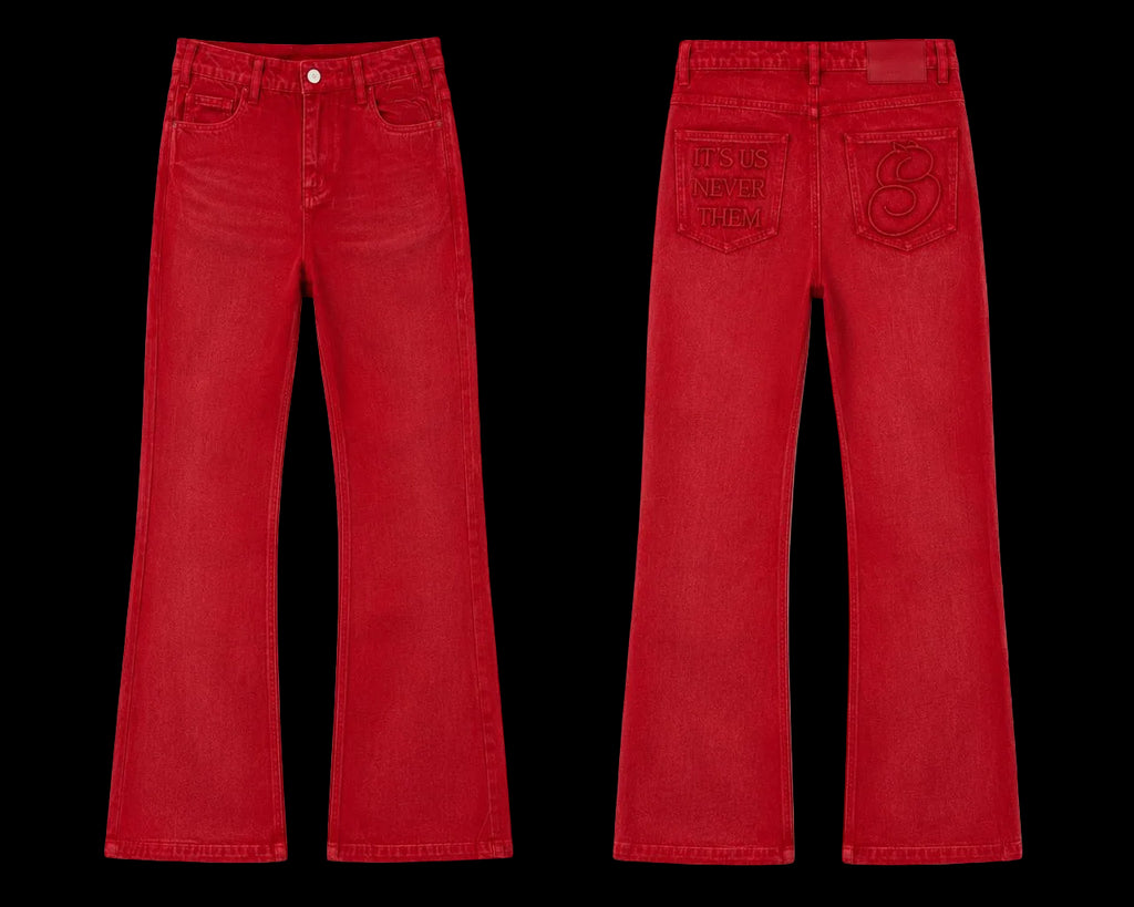 Red jeans shown from front and back on a white background