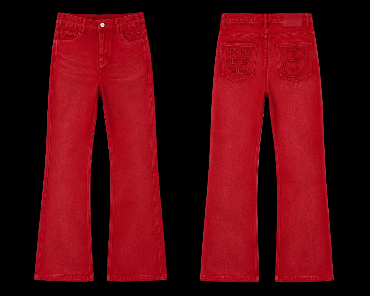 Red jeans shown from front and back on a white background
