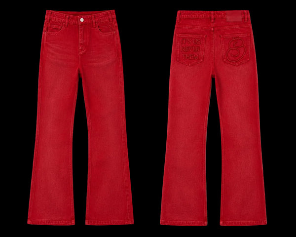 Red jeans shown from front and back on a white background