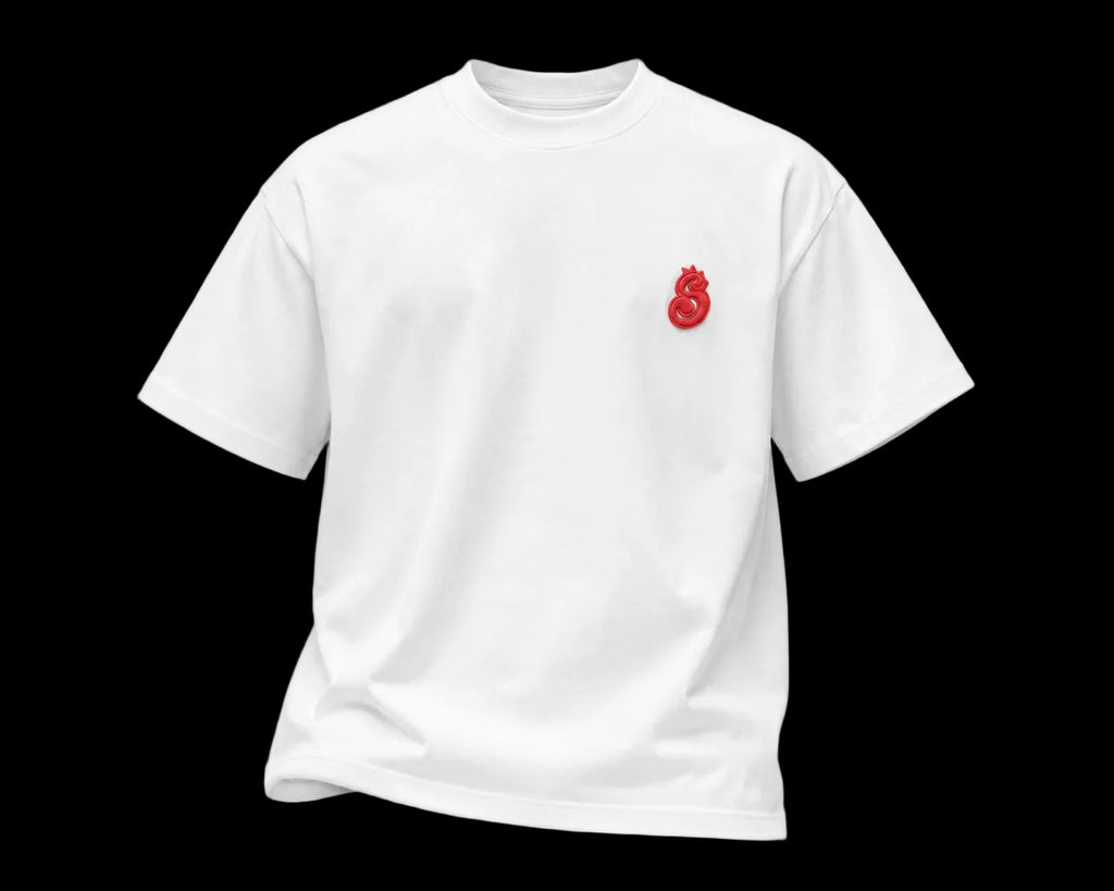 White t-shirt with a red logo on a white background
