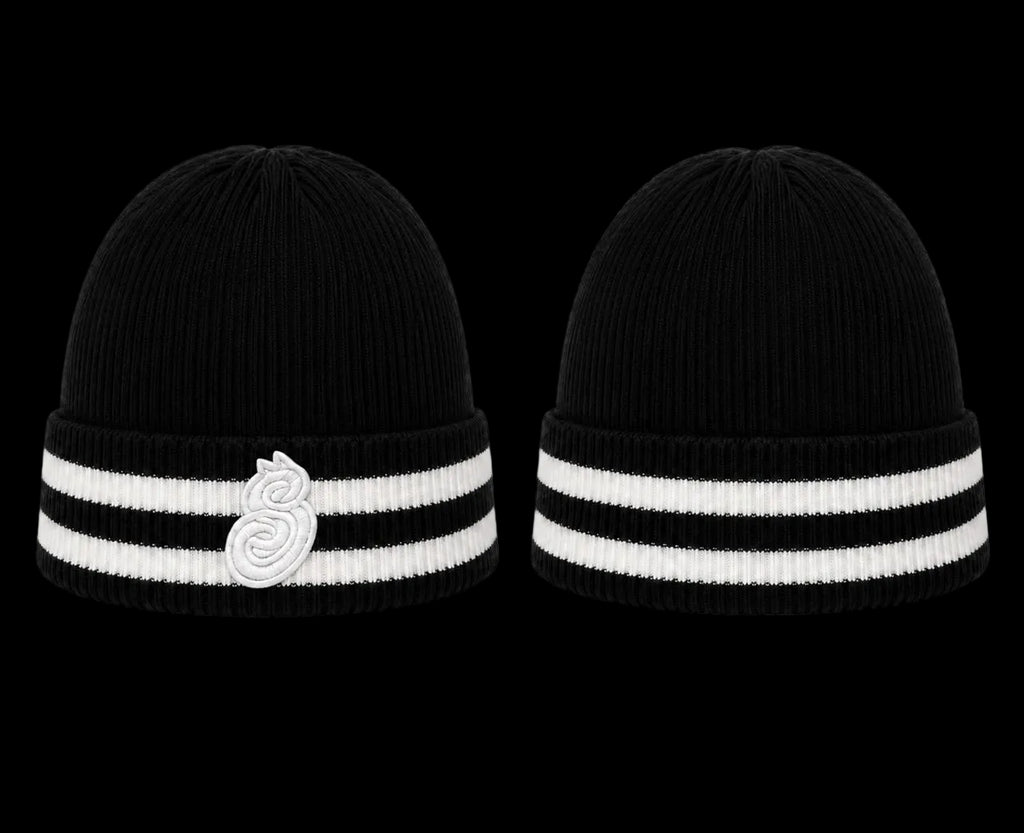 Two black beanie hats with white stripes and a logo on a white background