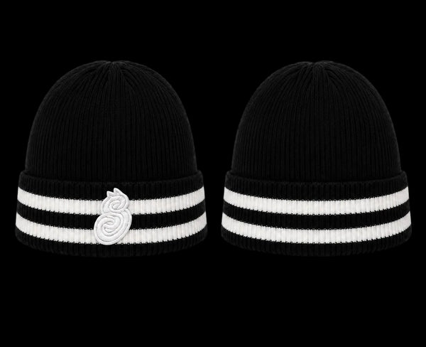 Two black beanie hats with white stripes and a logo on a white background